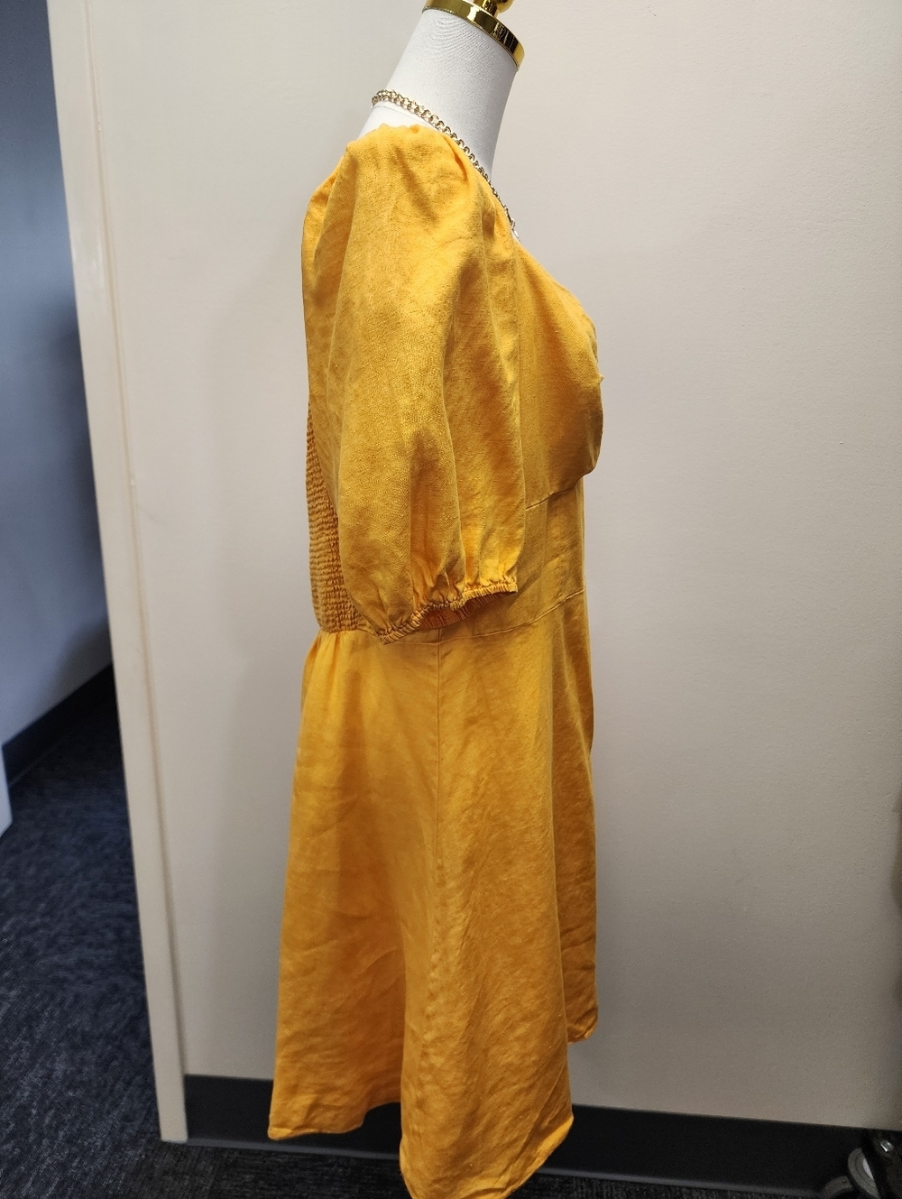 The Drop Mustard Yellow Midi Dress Puff Sleeve Ruched Bust Spring Dress Size XL - Picture 5 of 8